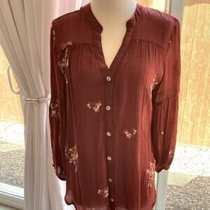 Fig and Flower Rust Maroon Blouse Top Shirt Tunic with Floral Appliqué Size L